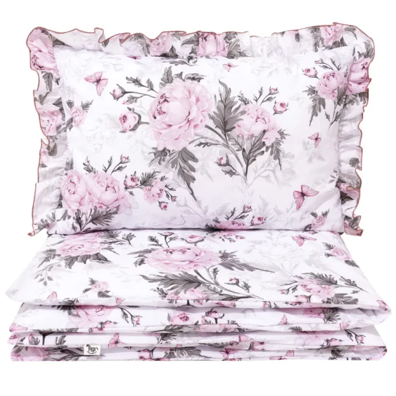 Fodros gyermek ágyneműgarnitúra 100x135 paplanhuzat és 40×60 párnahuzat - Pink Flowers - pamut