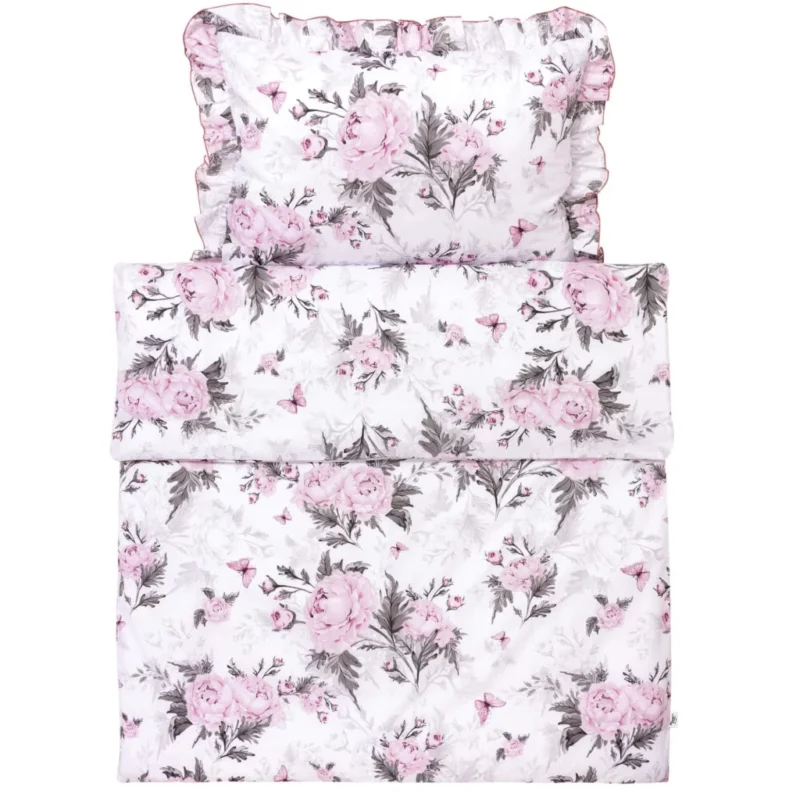 Fodros gyermek ágyneműgarnitúra 100x135 paplanhuzat és 40×60 párnahuzat - Pink Flowers - pamut - Image 3