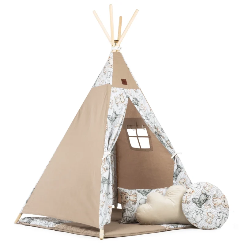 Sátor TIPI gyerekeknek Wigwam ablakkal - Safari - szett szőnyeggel és 3 párnával + AJÁNDÉK stabilizátor