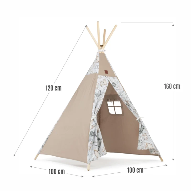 Sátor TIPI gyerekeknek Wigwam ablakkal - Safari - szett szőnyeggel és 3 párnával + AJÁNDÉK stabilizátor - Image 2
