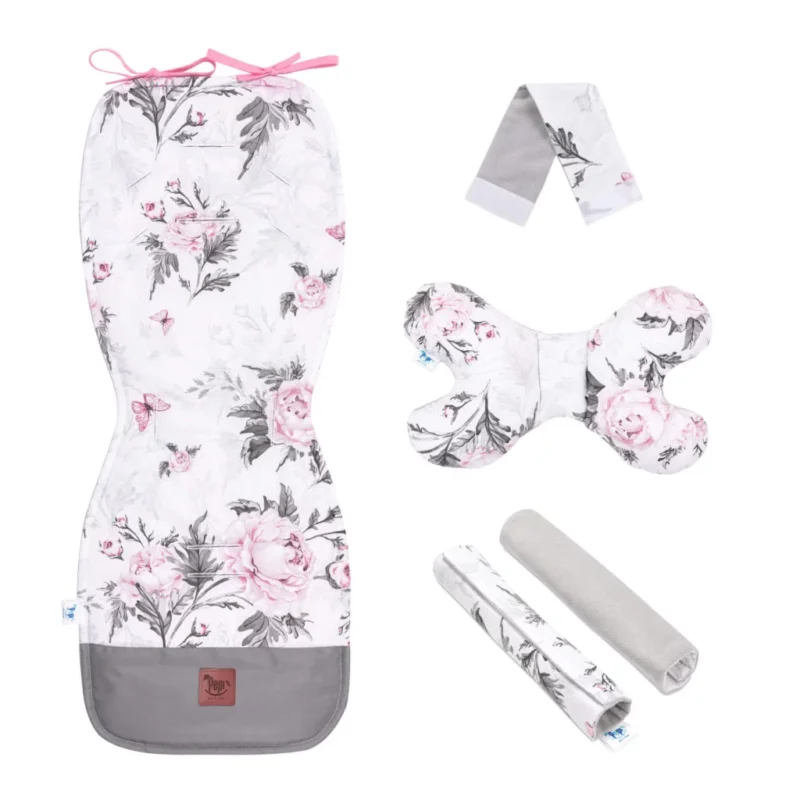 Babakocsi betét 5az1-ben szett - Pink Flowers grey - pamut/velvet
