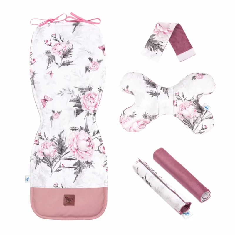 Babakocsi betét 5az1-ben szett - Pink Flowers - pamut/velvet