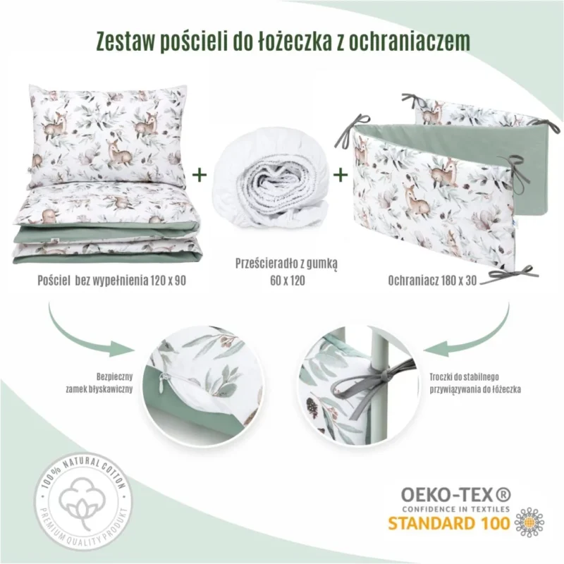 Ágyneműhuzat 4az1-ben - garnitúra kiságyba (90x120) lepedővel és rácsvédővel - Green Groove sage - Image 2