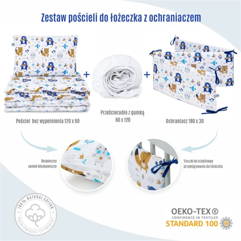 Ágyneműhuzat 4az1-ben - garnitúra kiságyba (90x120) lepedővel és rácsvédővel - Blue Bear - Image 2