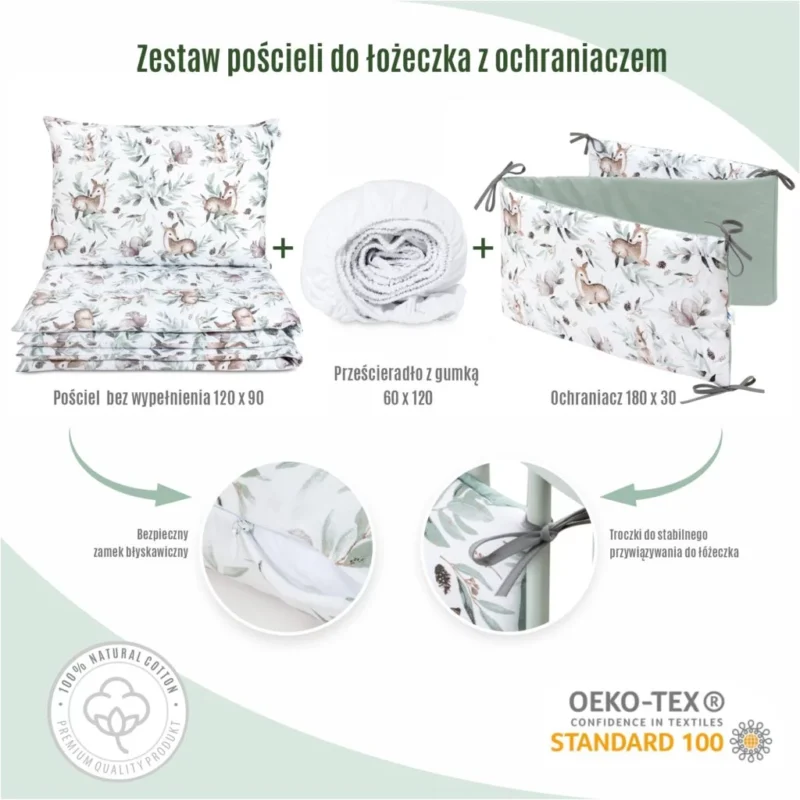 Ágyneműhuzat 4az1-ben - garnitúra kiságyba (90x120) lepedővel és rácsvédővel - Green Groove - Image 4