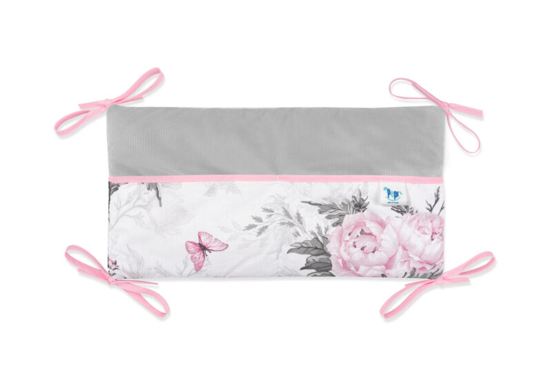 Kiságyra szerelhető tároló 42x22 - Pink Flowers grey - pamut/velvet