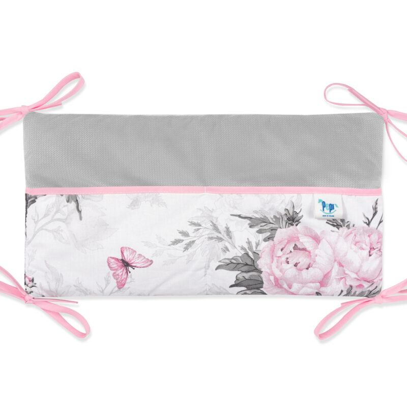 Kiságyra szerelhető tároló 42x22 - Pink Flowers grey - pamut/velvet