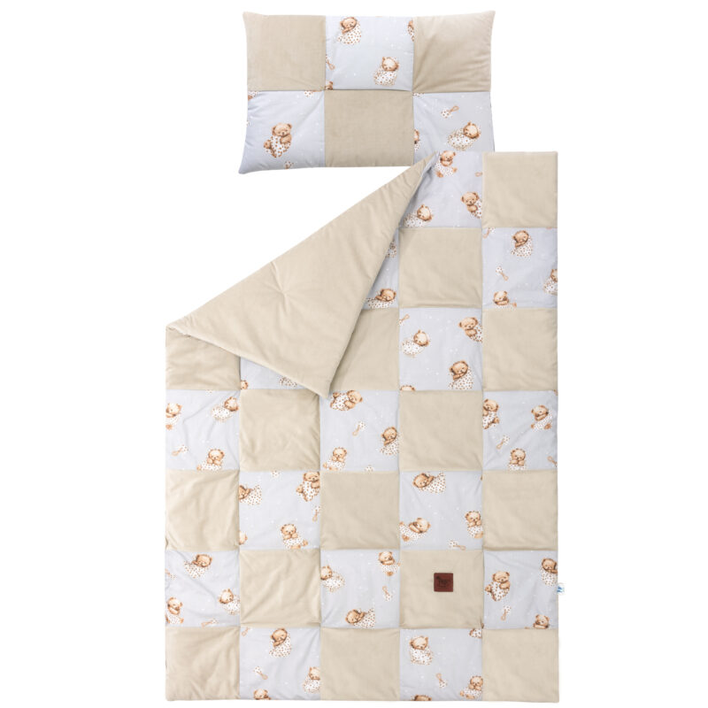 Patchwork paplan 100x140 lapos párnával 40x60 - Sleeping Teddy Bear cappucino - pamut/velvet - Image 2